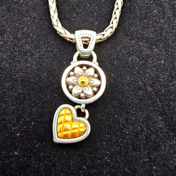 Brighton Accessories - Brighton Chain Necklace w/Flower & Heart Pendant Silver/Gold Plated 14"